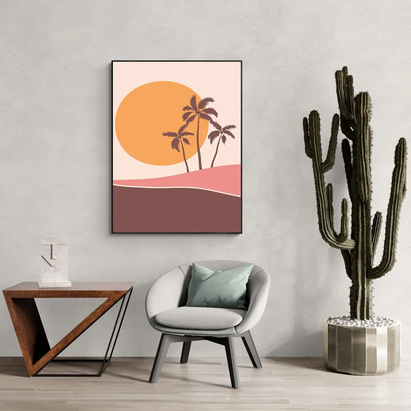 Постер «Природа - Пальмы на заходе солнца» над диваном в гостиной