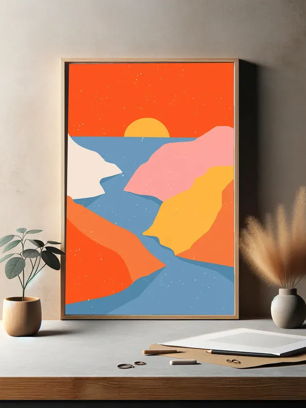 Постер «Природа - Вечер у реки в горах» на стене в офисе