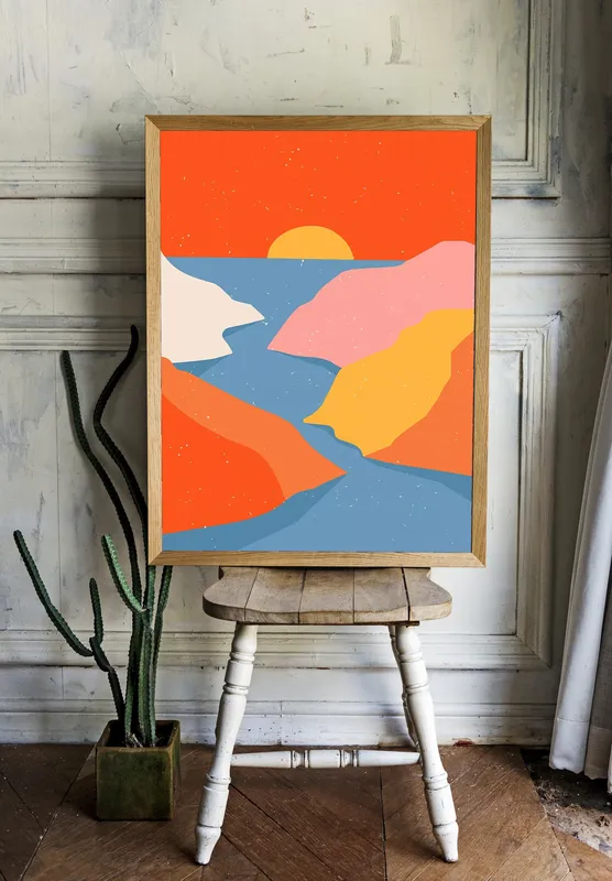 Постер «Природа - Вечер у реки в горах» над диваном в гостиной