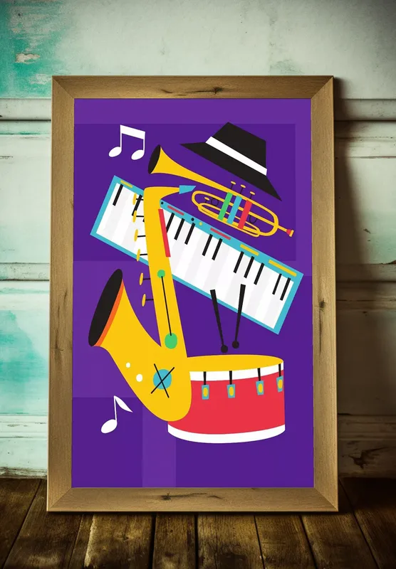 Постер «Музыка - Джазовый оркестр» над диваном в гостиной