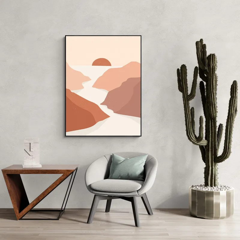 Постер «Природа - Нежное заходящее солнце» над диваном в гостиной