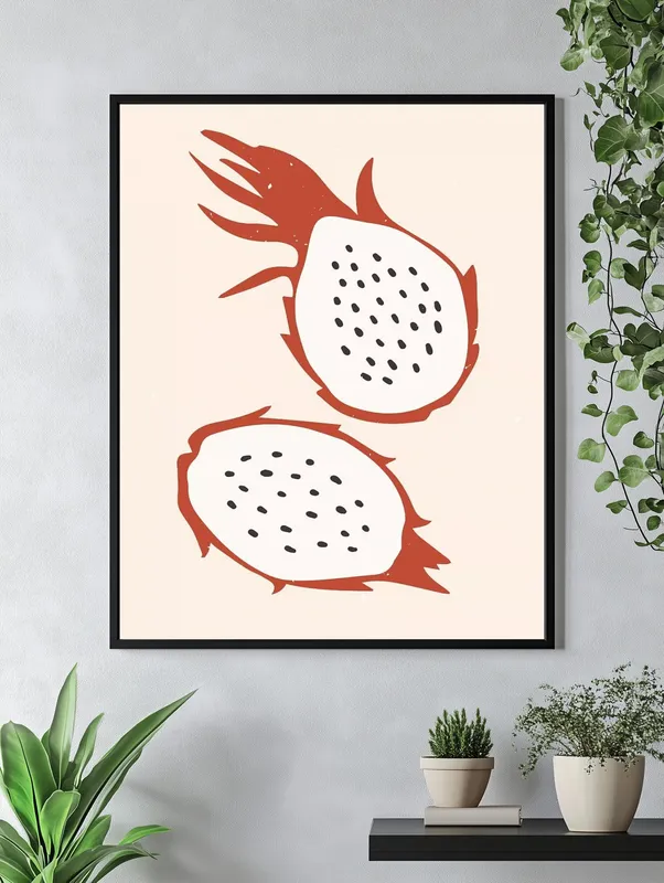 Постер «Овощи и фрукты - Драконий фрукт» над диваном в гостиной