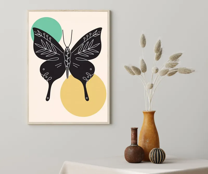 Постер «Скандинавский стиль - Бабочка с росписью» над диваном в гостиной