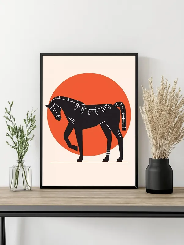 Постер «Скандинавский стиль - Лошадка» над диваном в гостиной