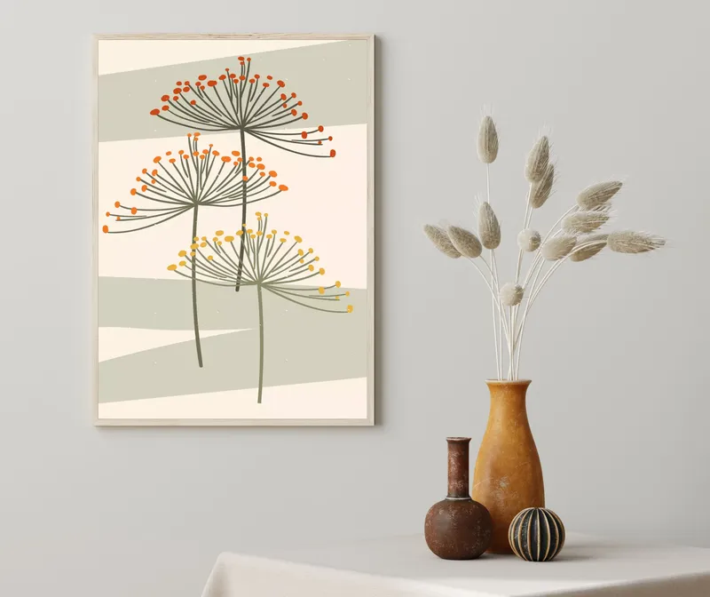 Постер «Цветы и растения - Зонтики укропа» над диваном в гостиной