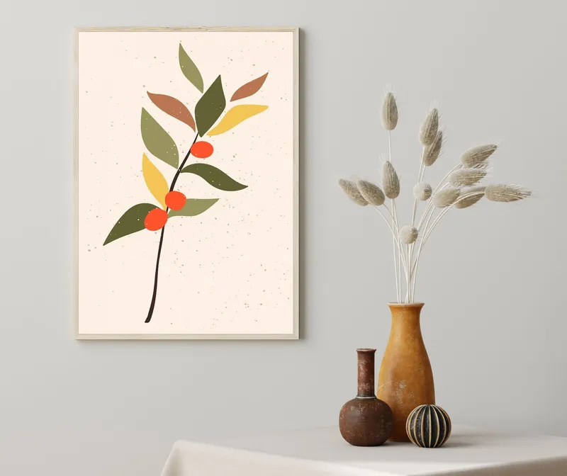 Постер «Цветы и растения - Ягоды на ветке» над диваном в гостиной