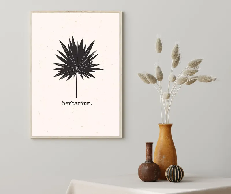 Постер «Цветы и растения - Остролистный гербарий» над диваном в гостиной