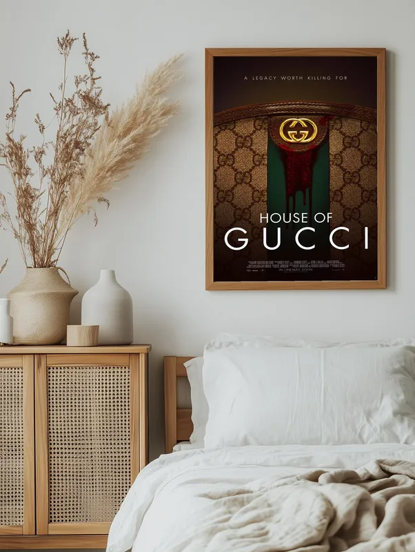 Постер «Дом Гуччи» над диваном в гостиной