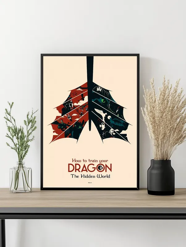 Постер «Как приручить дракона» над диваном в гостиной