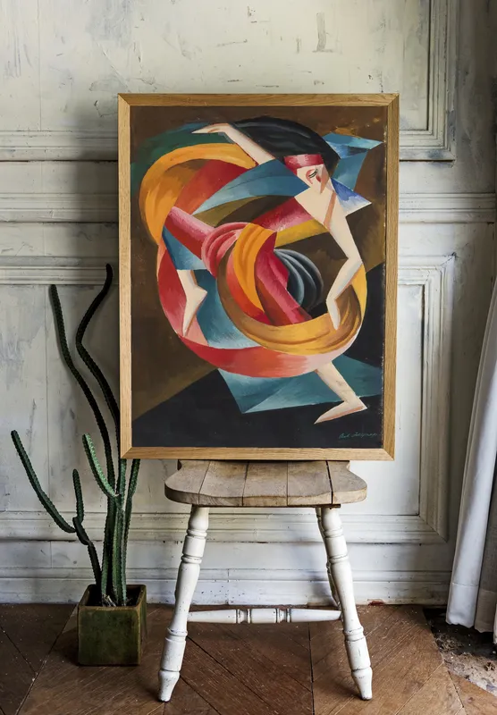 Постер «Геометрия - Яркий танец» над диваном в гостиной