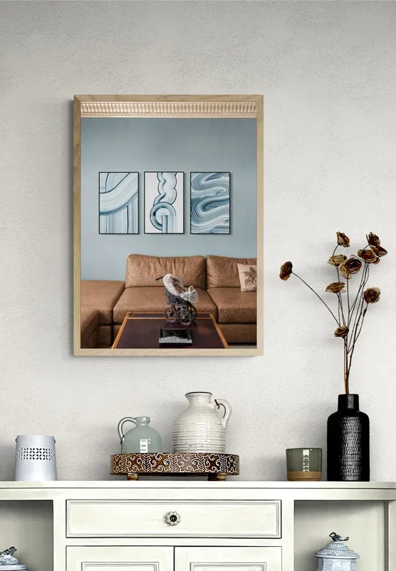 Постер «Набор из трех постеров Синяя абстракция» на стене в офисе