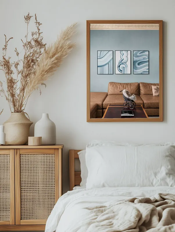 Постер «Набор из трех постеров Синяя абстракция» над диваном в гостиной