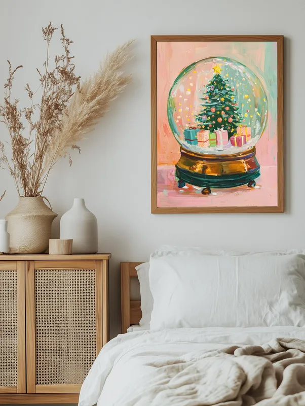 Постер «Рождественский шар с сюрпризом» над диваном в гостиной