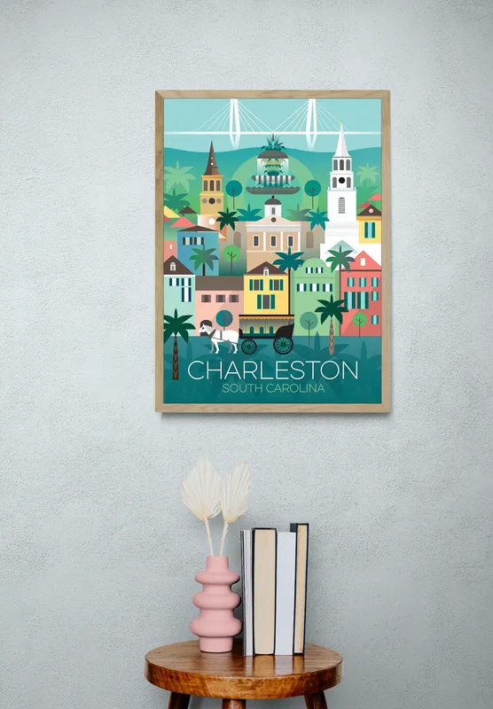 Постер «Достопримечательности. Чарлстон» над диваном в гостиной