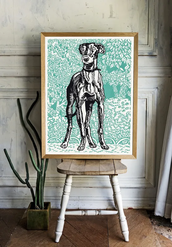 Постер «Мориц Юнг - Грейхаунд гравюра» на стене в офисе