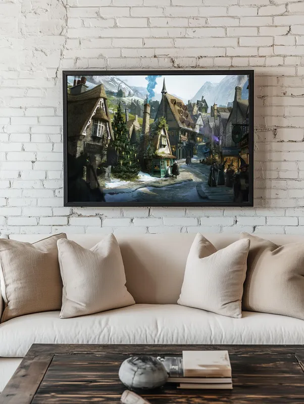 Постер «Hogwarts Legacy. Волшебные места» над диваном в гостиной