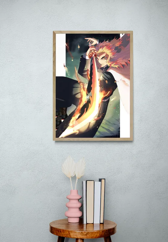 Постер «Клинок, рассекающий демонов. Кёджуро» над диваном в гостиной