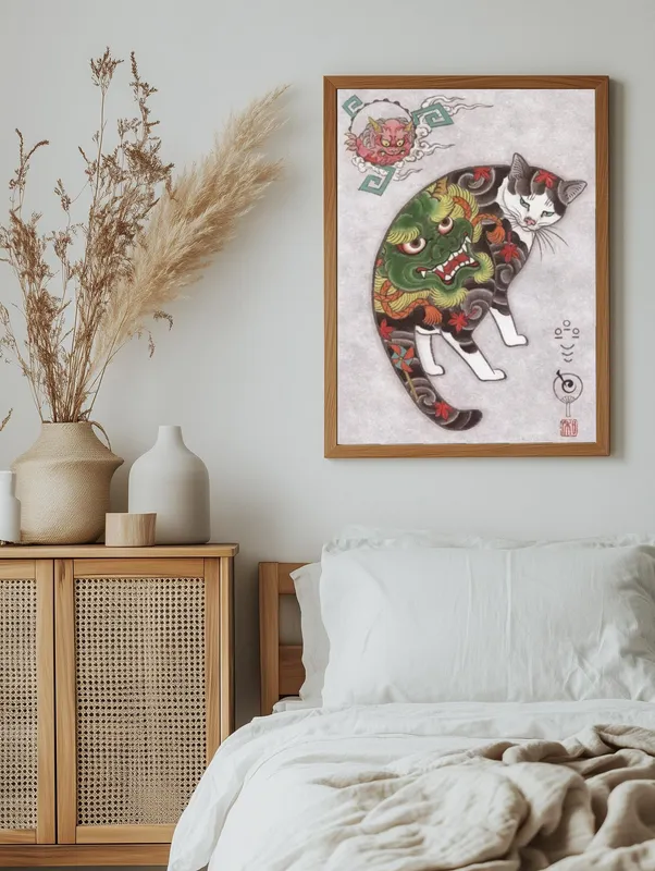 Постер «Кошка и зеленый дракон» на стене в офисе