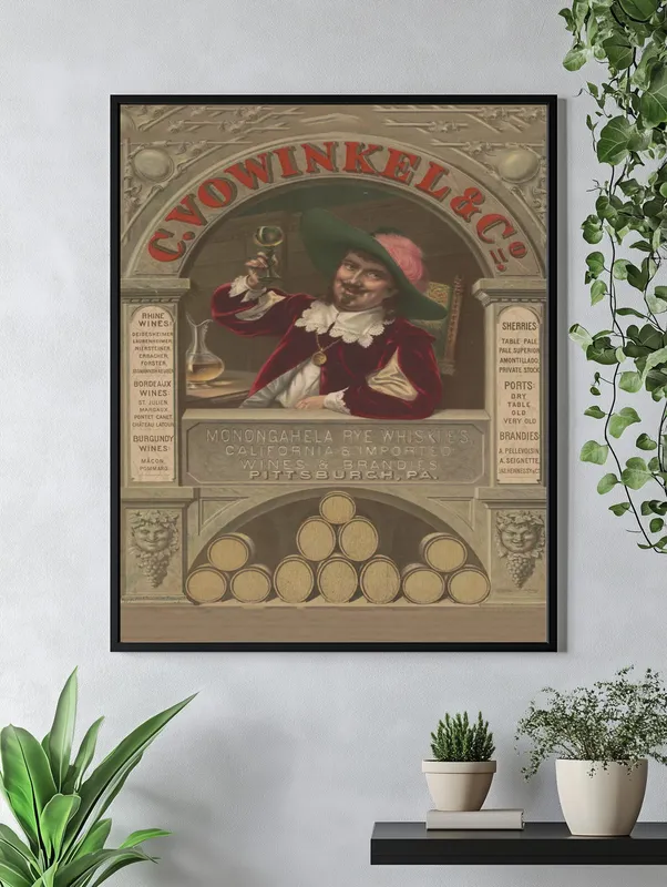 Постер «Рекламный плакат - Виски C. Vowinkel, Whisky» над диваном в гостиной