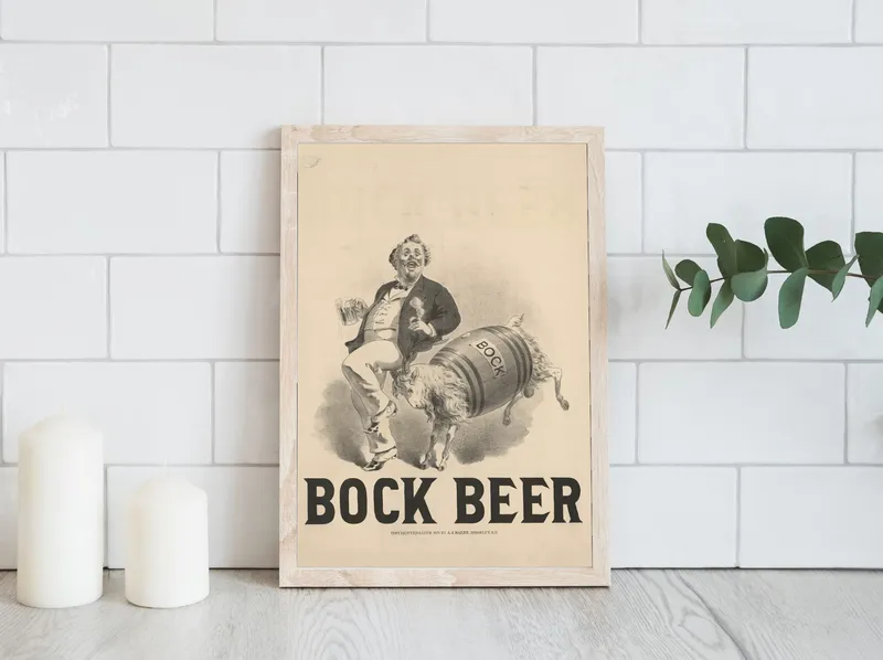 Постер «Рекламный плакат - Пиво Bock Beer» над диваном в гостиной
