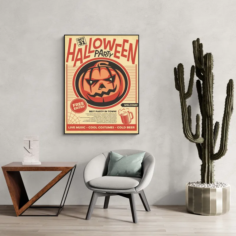 Постер «Тыква на Хэллоуин» над диваном в гостиной