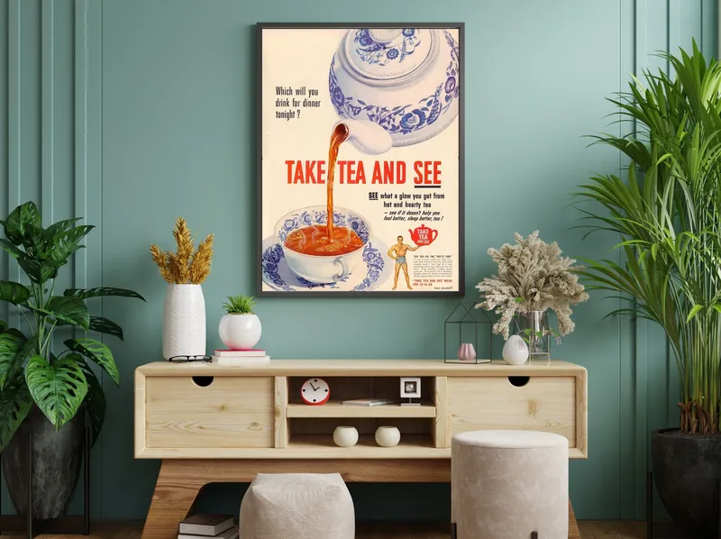 Постер «Рекламный плакат - Чай Take tea and see» на стене в офисе