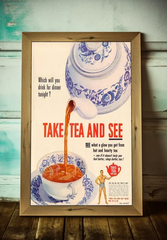 Постер «Рекламный плакат - Чай Take tea and see» над диваном в гостиной