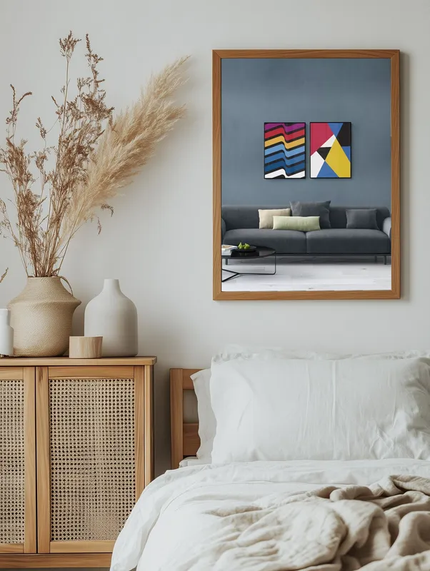 Постер «Набор постеров Абстрактная геометрия» над диваном в гостиной