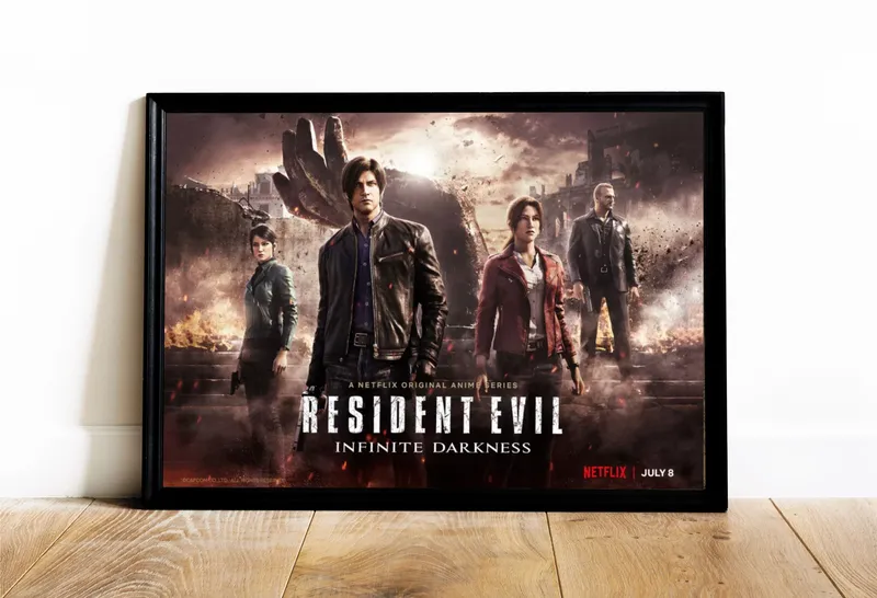 Постер «Аниме Resident Evil. Главные герои» над диваном в гостиной