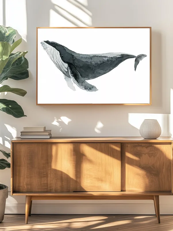 Постер «Акварельный кит» над диваном в гостиной