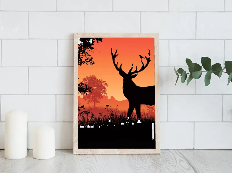 Постер «Олень Sunset forest» над диваном в гостиной
