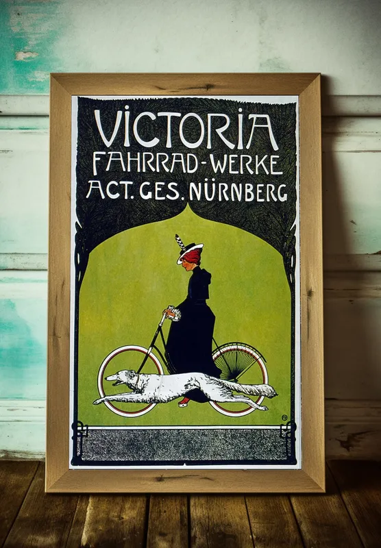 Постер «Винтажная реклама велосипедов Victoria» над диваном в гостиной