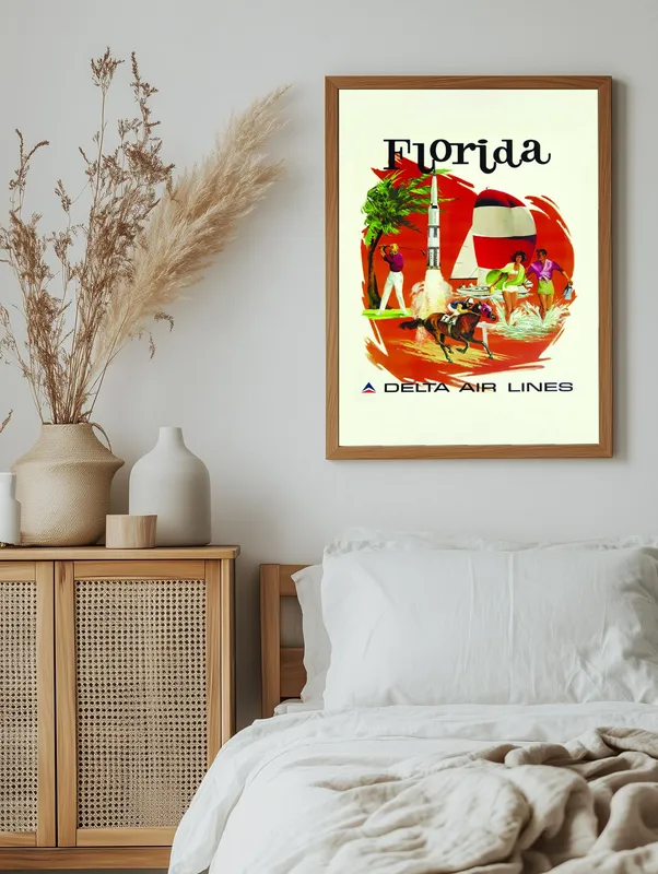 Постер «Дельта Эир Лайнс - Флорида» над диваном в гостиной