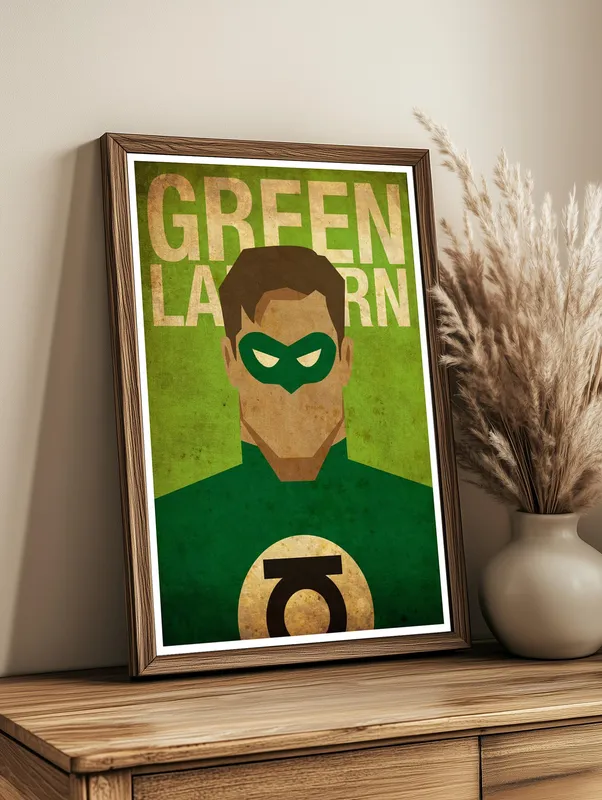 Постер «Зеленый фонарь - В образе» над диваном в гостиной
