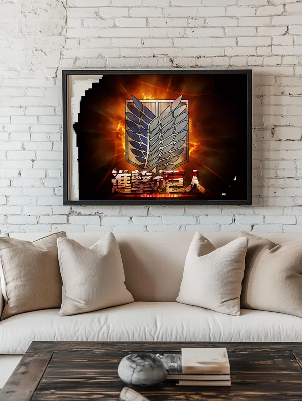 Постер «Атака титанов. Символ» над диваном в гостиной