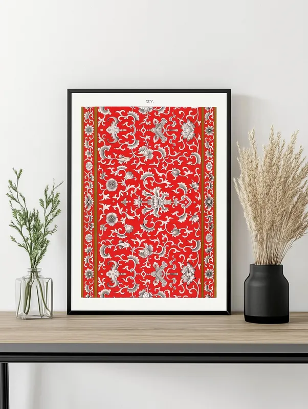 Постер «Китайский Орнамент - Серые Узоры» над диваном в гостиной