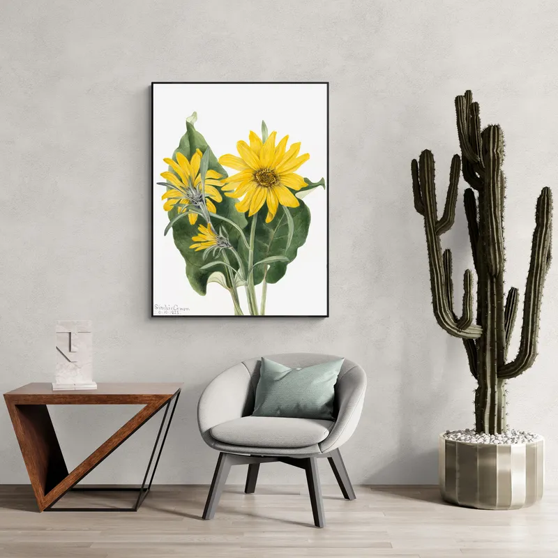 Постер «Дикие цветы - Бальзамический корень» над диваном в гостиной