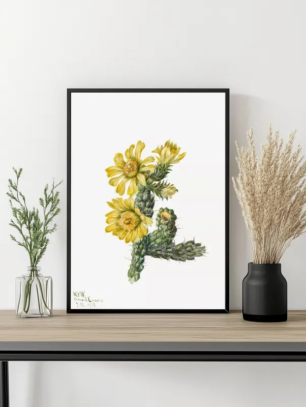 Постер «Дикие цветы - Цилиндропунция» над диваном в гостиной