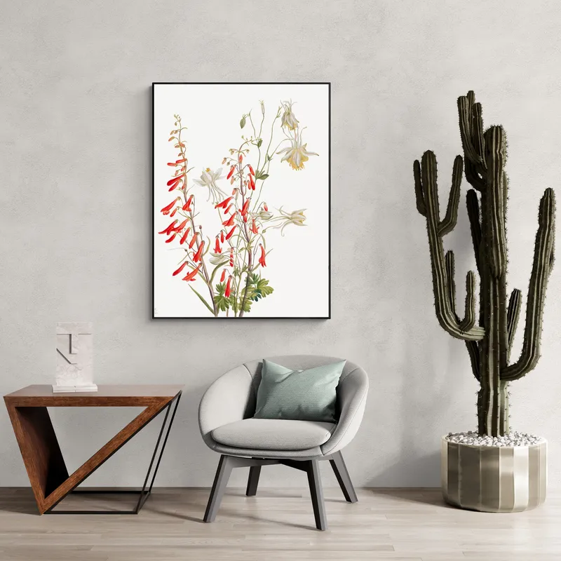 Постер «Дикие цветы - Красный Пенстемон» над диваном в гостиной