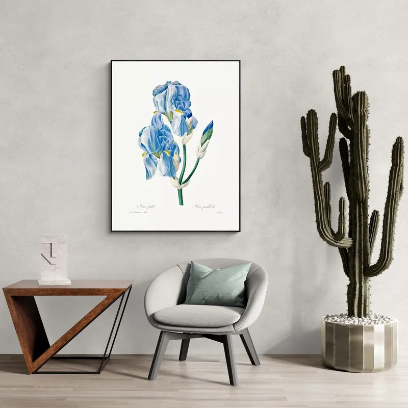 Постер «Дикие цветы - Ирис Паллида» над диваном в гостиной