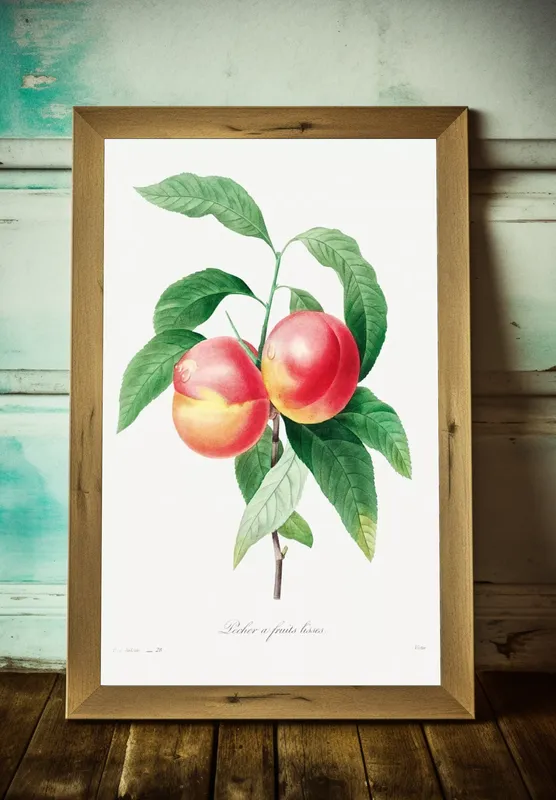 Постер «Фрукты - Сочный персик» над диваном в гостиной