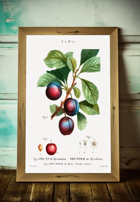 Постер «Фрукты - Сливы на веточке» над диваном в гостиной