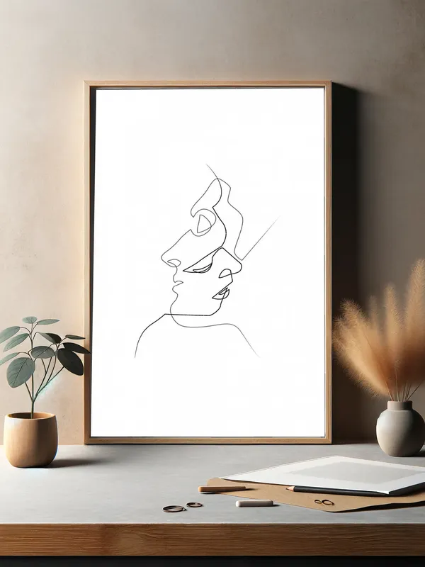 Постер «Линии - Лицо в лице» над диваном в гостиной