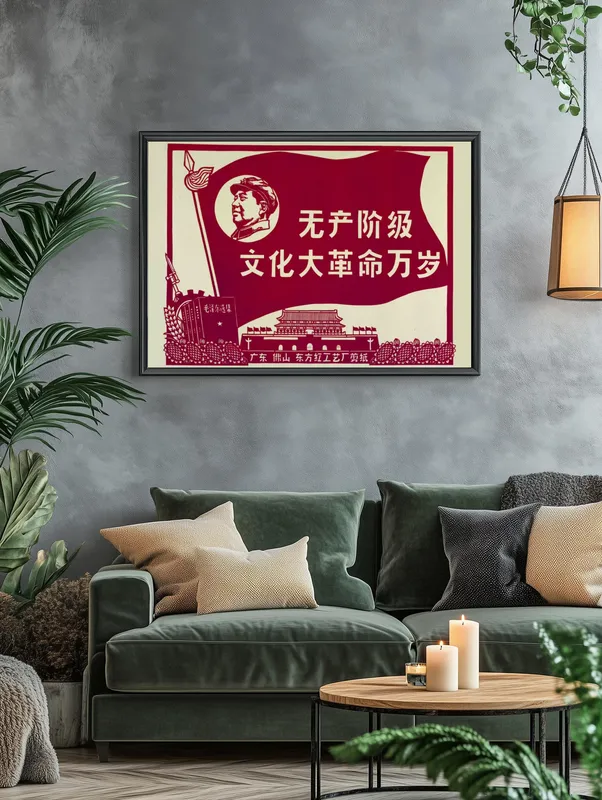 Постер «Китайская революция» над диваном в гостиной
