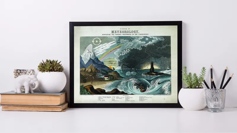 Постер «Явления природы» над диваном в гостиной