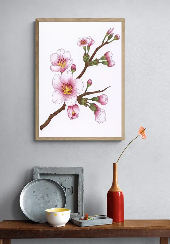 Постер «Весна - Веточка с цветками» над диваном в гостиной