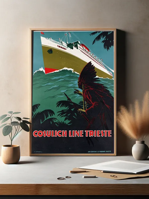 Постер «Корабли - Коренной американец и океанский лайнер» над диваном в гостиной