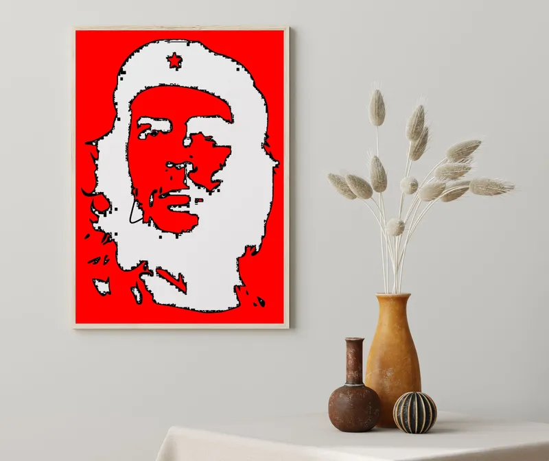 Постер «Постер Че Гевара красный силуэт — революционный плакат» над диваном в гостиной