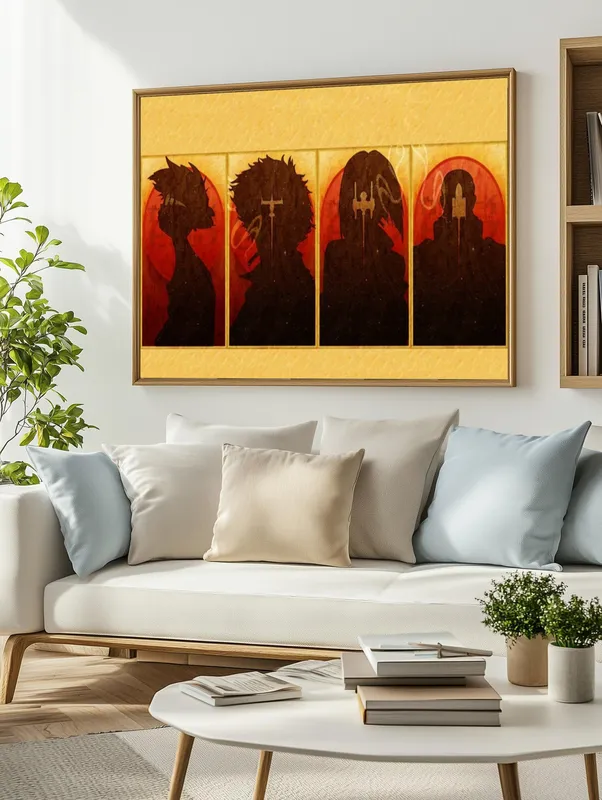 Постер «Постер Cowboy Bebop — силуэты персонажей в арках» над диваном в гостиной