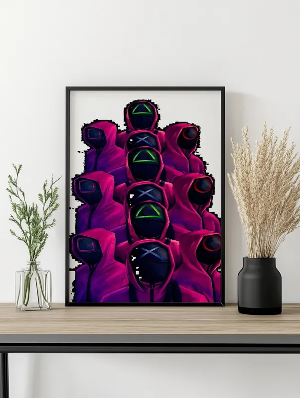 Постер «Постер Игра в кальмара — неоновые охранники арт» на стене в офисе